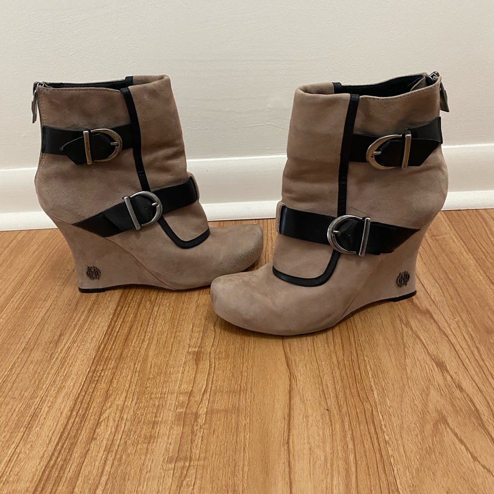 Women's Taupe Suede Wedge Ankle Boots with Black Strap Detail - Picture 2 of 8